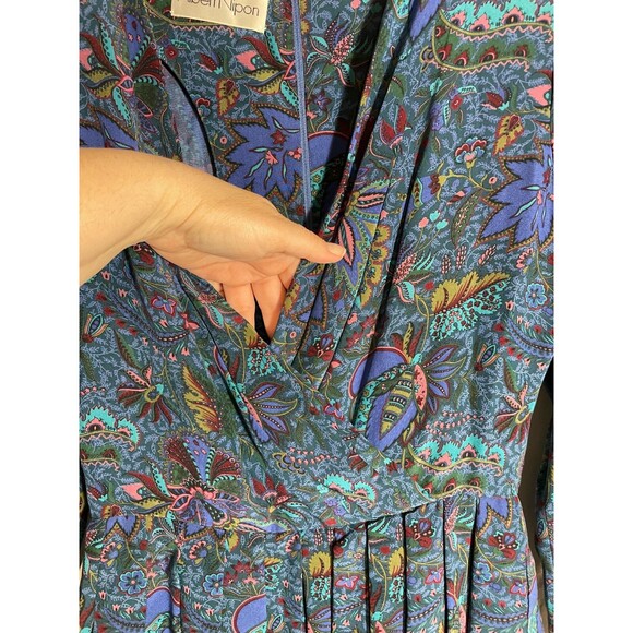 Vintage Albert Nipon Silk Midi Dress Blue Floral Paisley Pleated 90s Size 2 - Picture 5 of 15